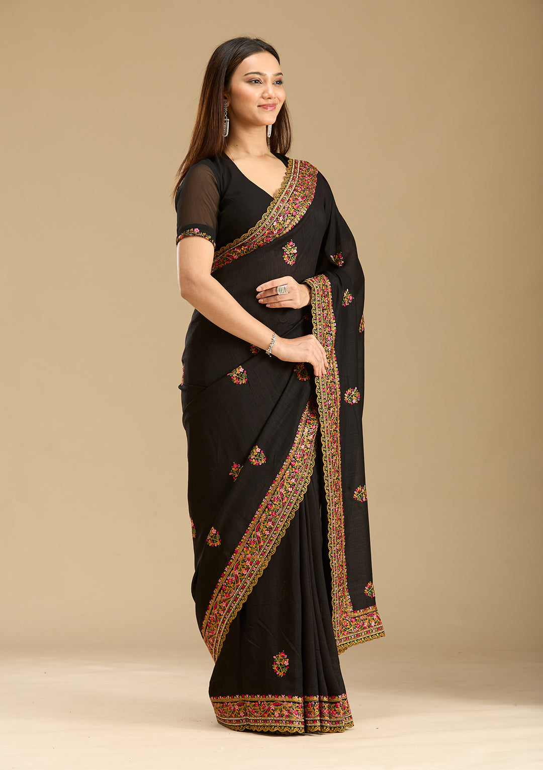 Black Kashmiri Soft Raw Silk Saree - View 3