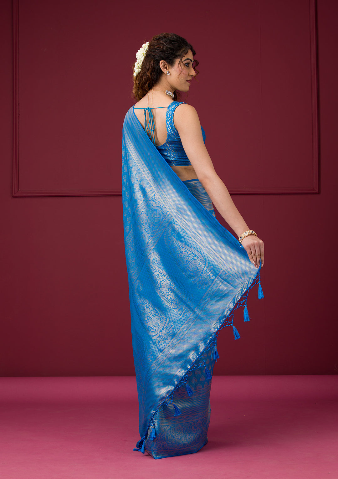 Turquoise Blue Zariwork Art Silk Saree - View 7