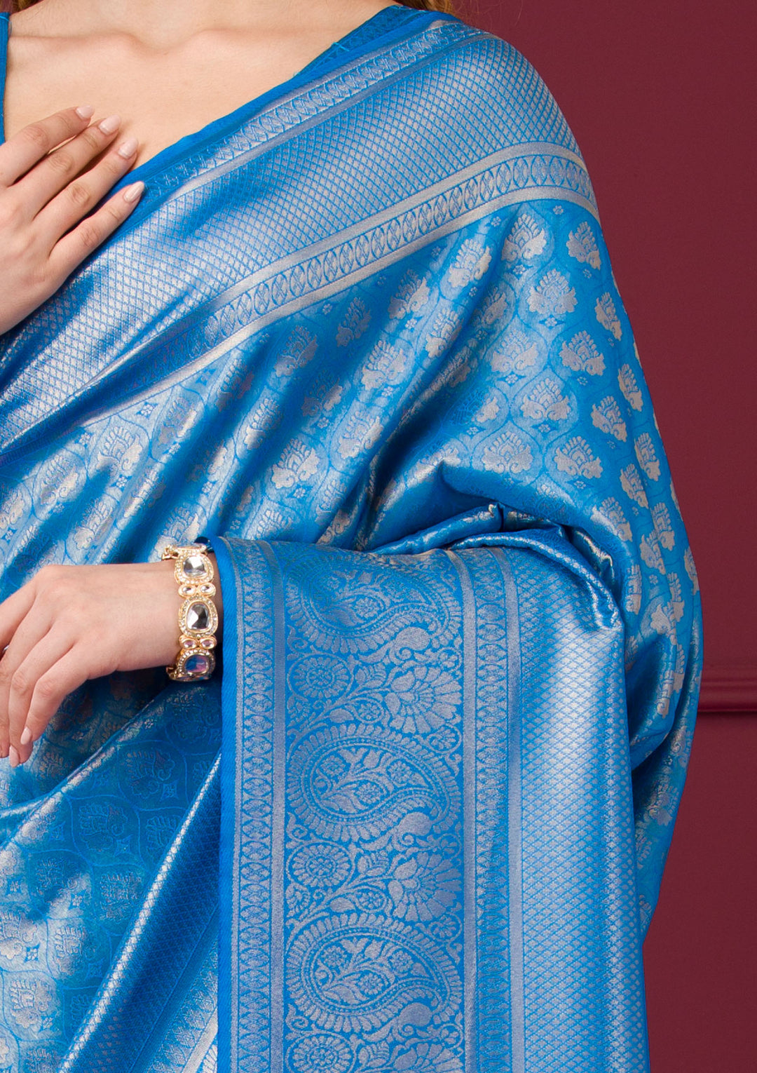 Turquoise Blue Zariwork Art Silk Saree - View 2
