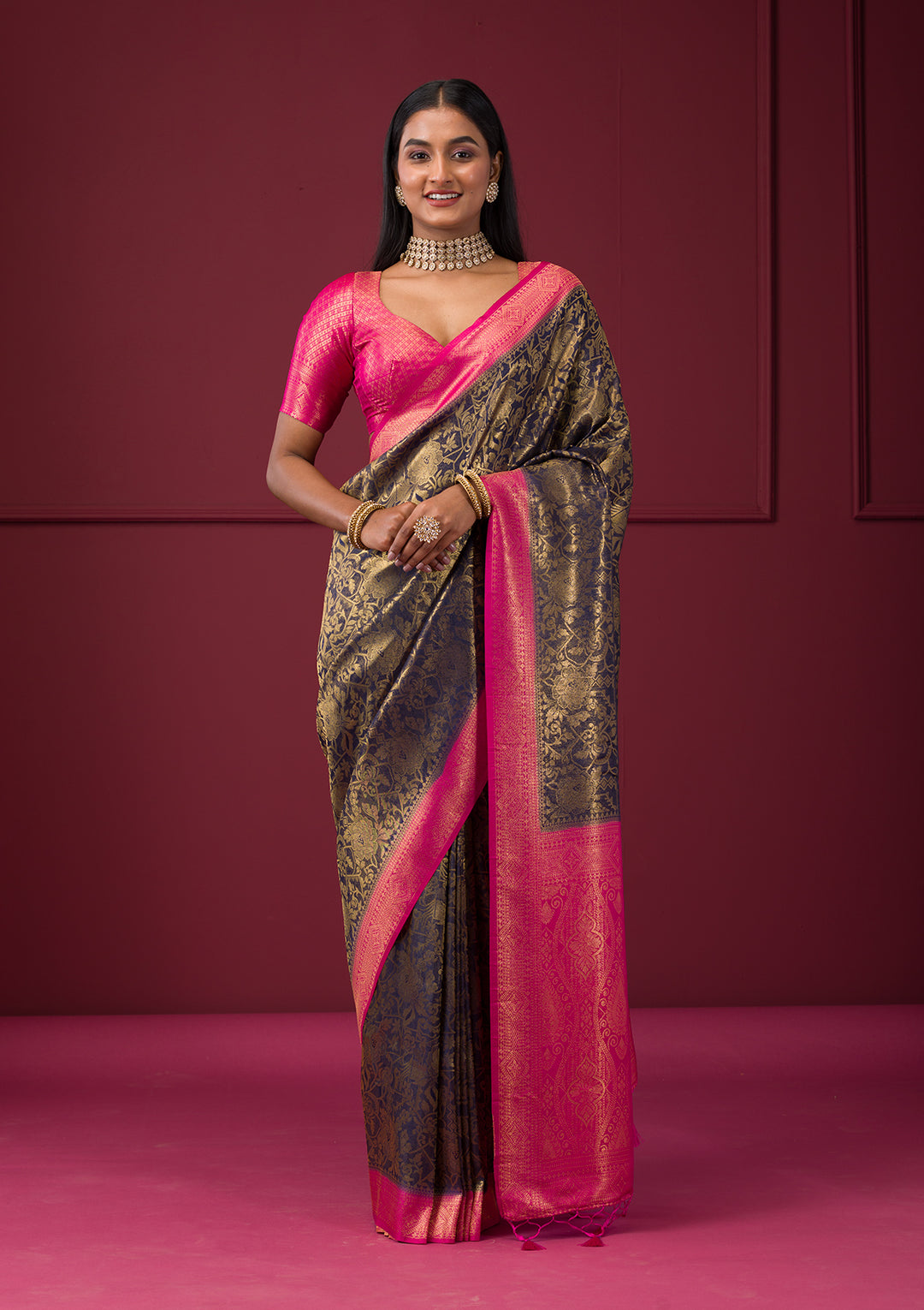 Navy Blue Zariwork Soft Silk Saree - View 6