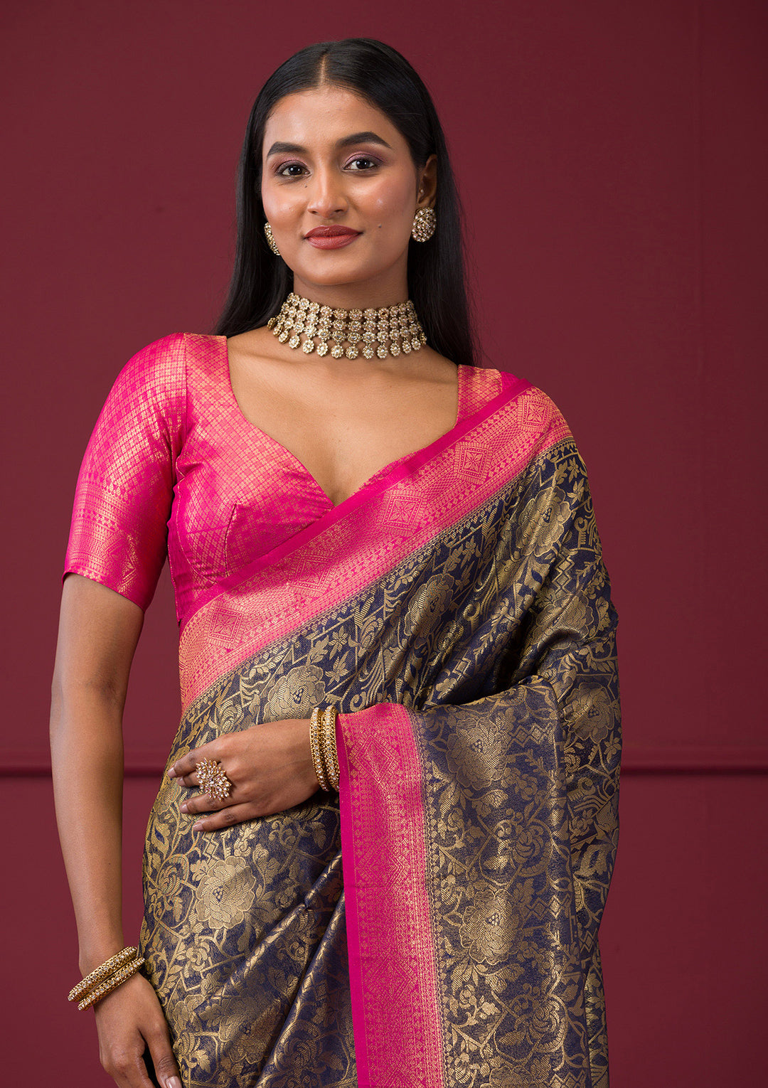 Navy Blue Zariwork Soft Silk Saree - View 3