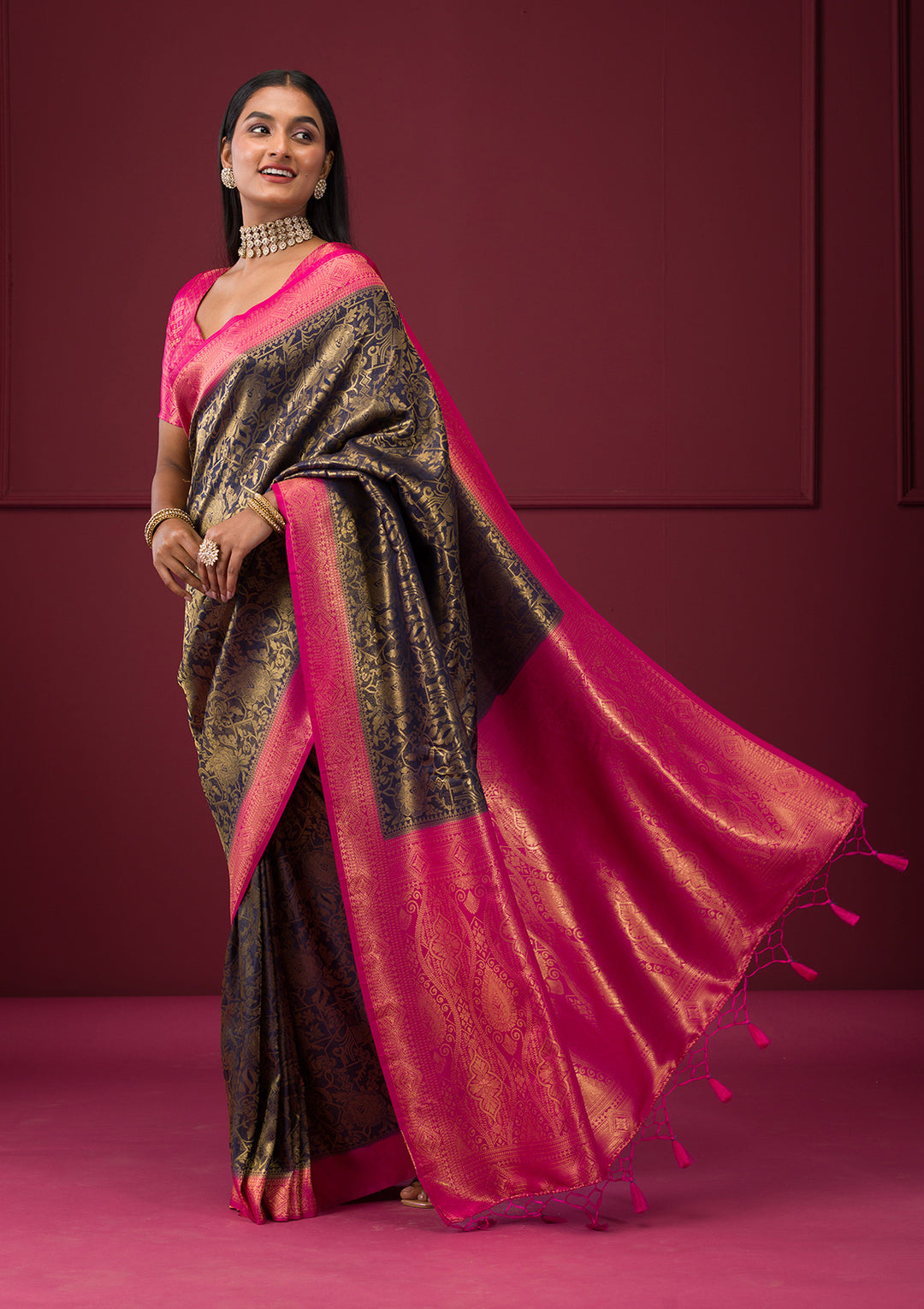 Navy Blue Zariwork Soft Silk Saree - View 8