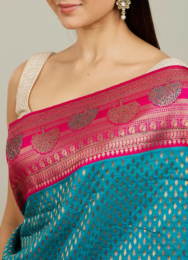 Rama Green Buta Patterned Saree with Floral Leaf Border - View 2