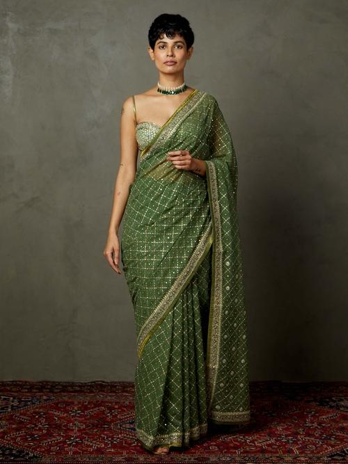 Khaki Rohira Saree With Unstitched Blouse