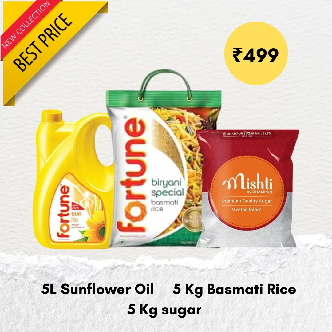 5L Fortune Oil, 5Kg Sugar, 5Kg Basmati Rice : Combo of 3
