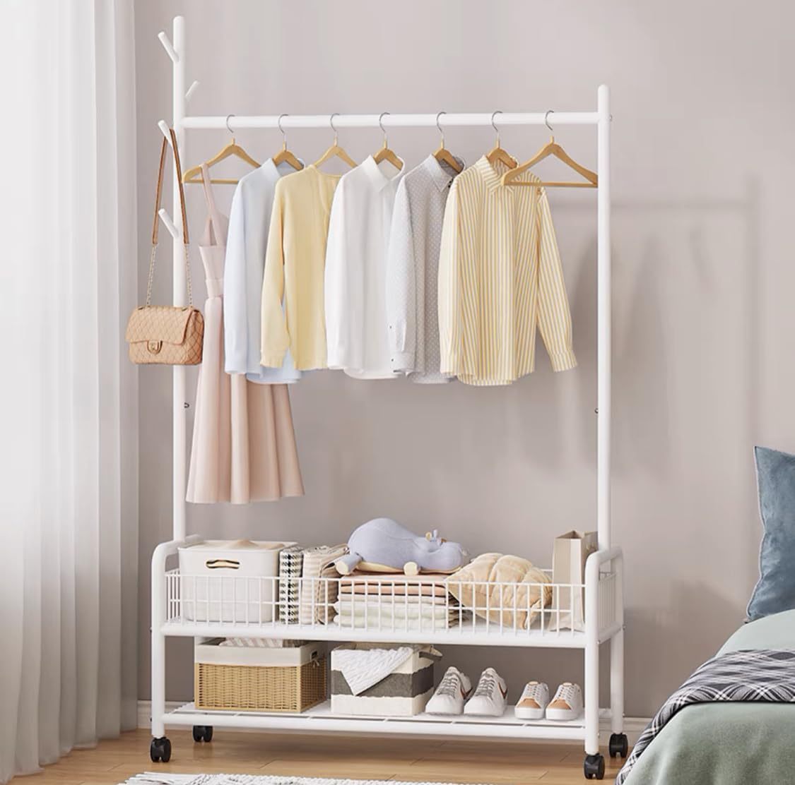 Lukzer | MGR-002 | White | Metal Cloth Stand &amp; Garment Rack with Wheels, 2 Bottom Shelves &amp; Single Rod – Space-Saving Clothes Organizer for Bedroom, Laundry, Entryway &amp; More | 173 x 90 x 34 cm - View 3