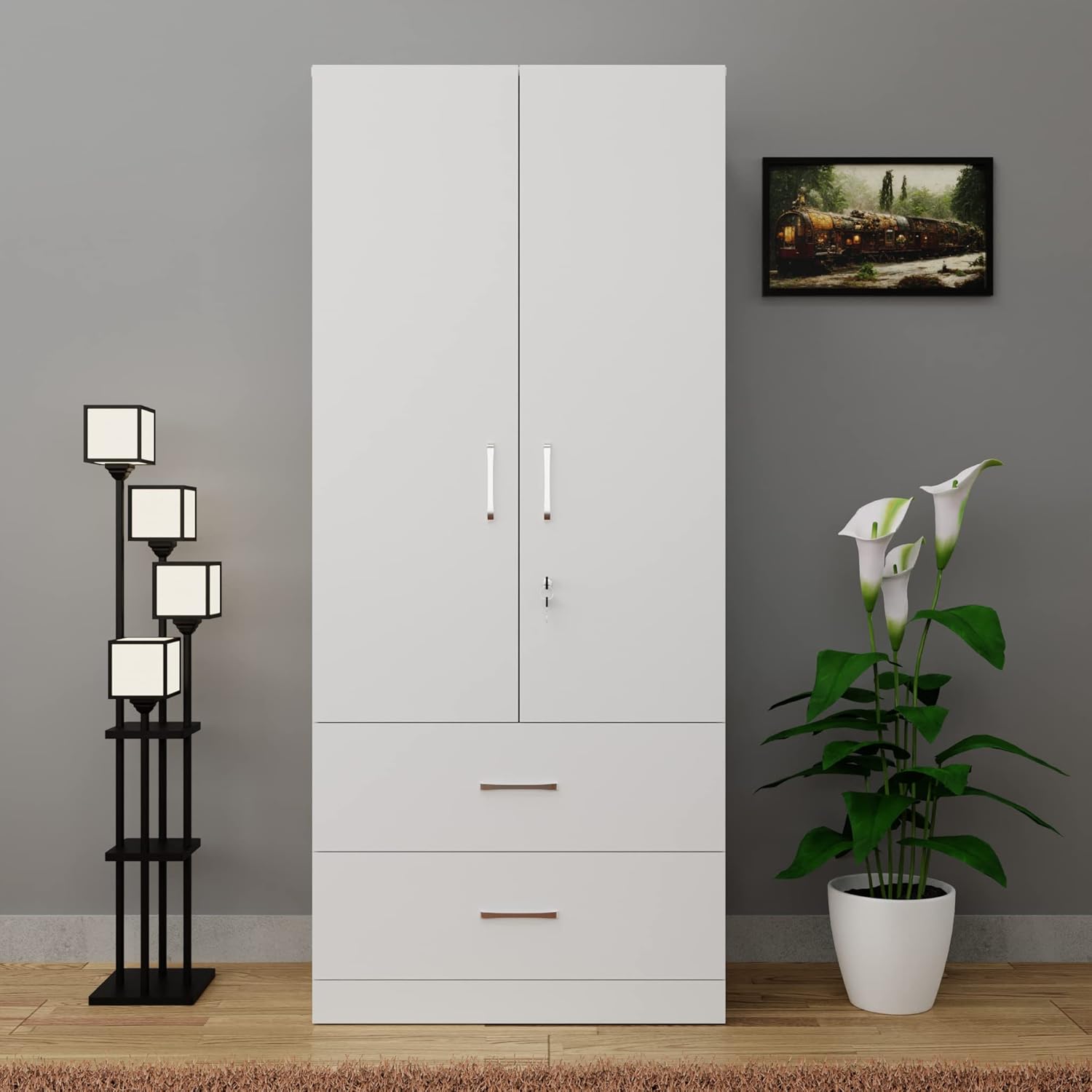VIKI Wardrobe | Wooden Almirah for Clothes,Door for Bedroom, 2 Door Wardrobe with Drawer & Hanging Space (Frosty White - 40D x 80W x 180H) | 1 Year Warranty | Free Assembly