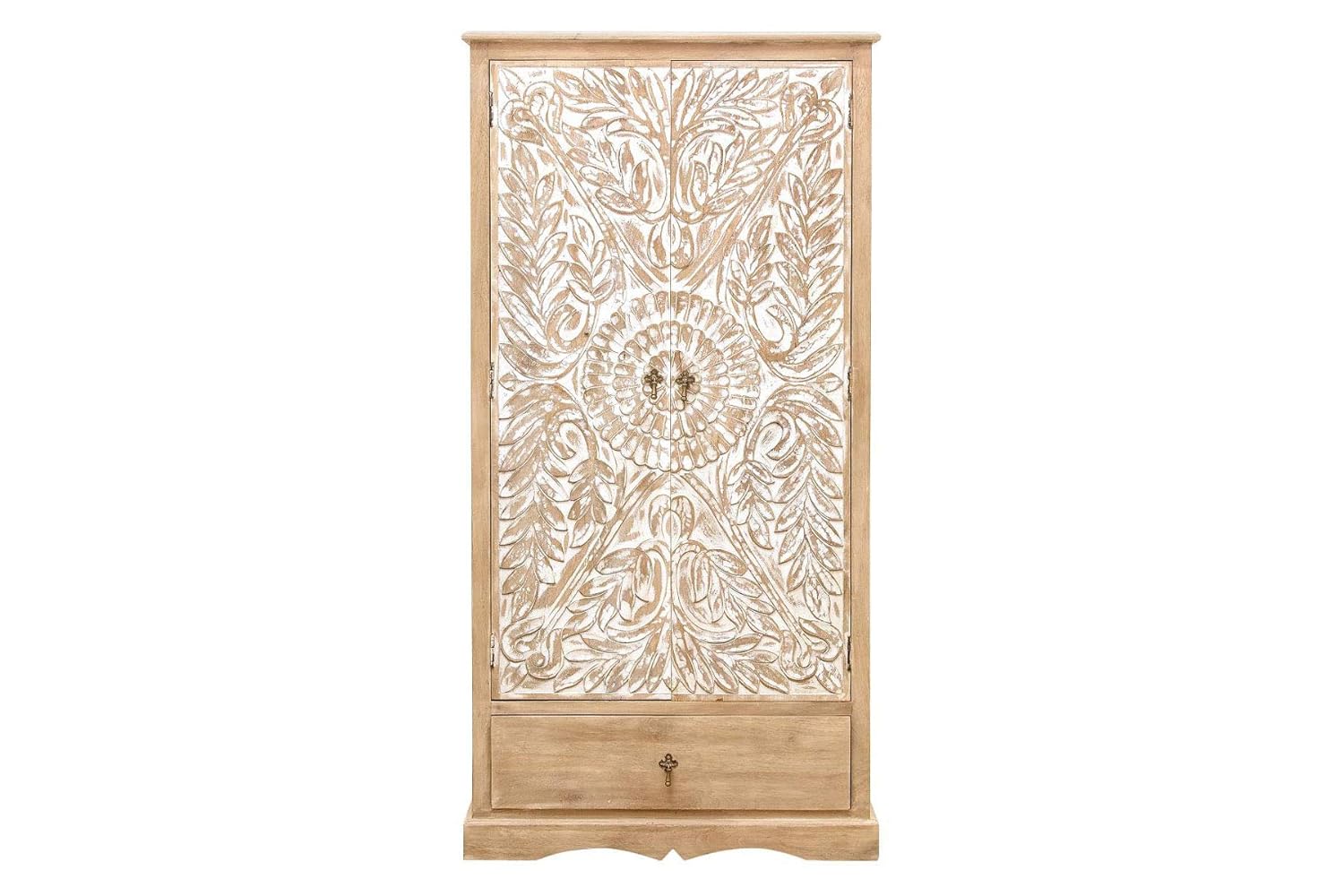 The Attic Jodhpur Carving Wardrobe|Solid Wood Multiple Utility Storage| Clothes Organizer|Wardrobe for Clothes Wooden, almirah for Clothes Wooden|Natural + White Matte Finish - View 5